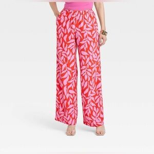 A New Day Women’s Pink and Red leaf Patterned Wide Leg Pants
